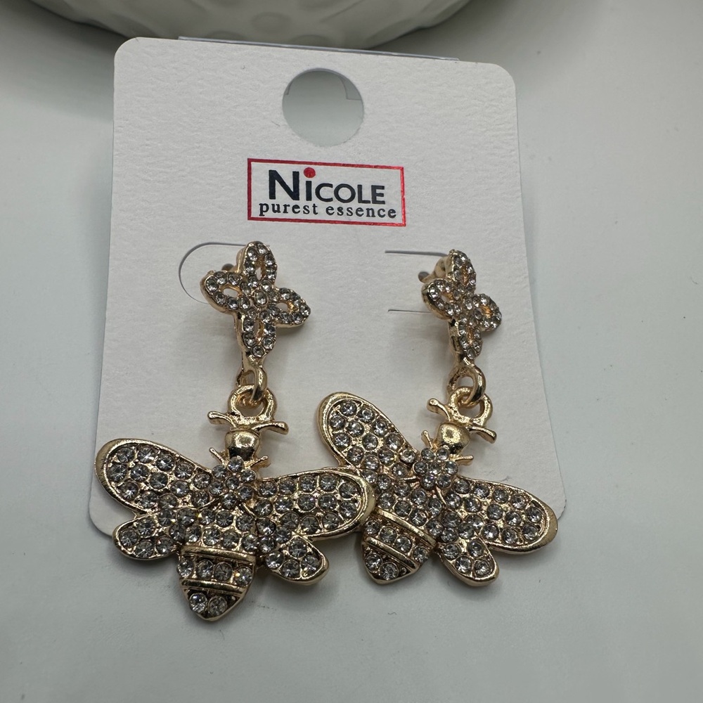 Gold and Crystal Bee dangle Earrings